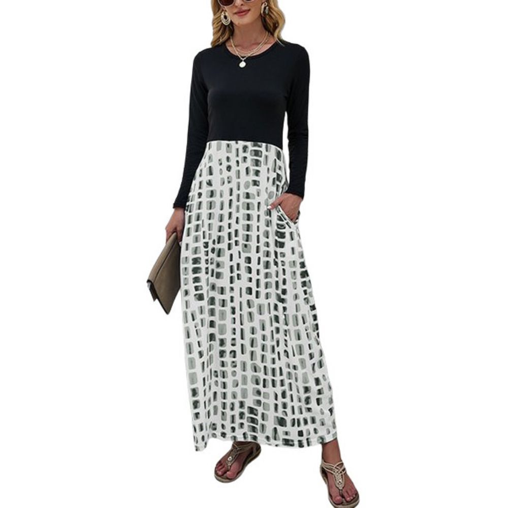 Sucrefas Gray & Black Abstract Contrast Long Sleeve Maxi Dress Size L